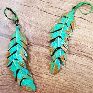 Vintaj Patina Feather Dangle Earrings